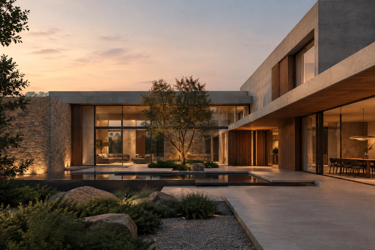 A contemporary courtyard house at dusk: board-formed concrete volumes, warm timber cladding and tall glazed openings around a still pool, glowing from within.