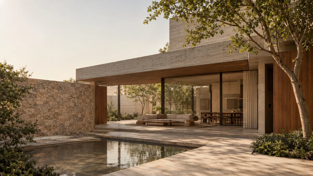 Daylight view of a fictional courtyard residence: a rough stone wall, a still pool, a timber-lined covered terrace and a tree casting soft shadows on the paving.