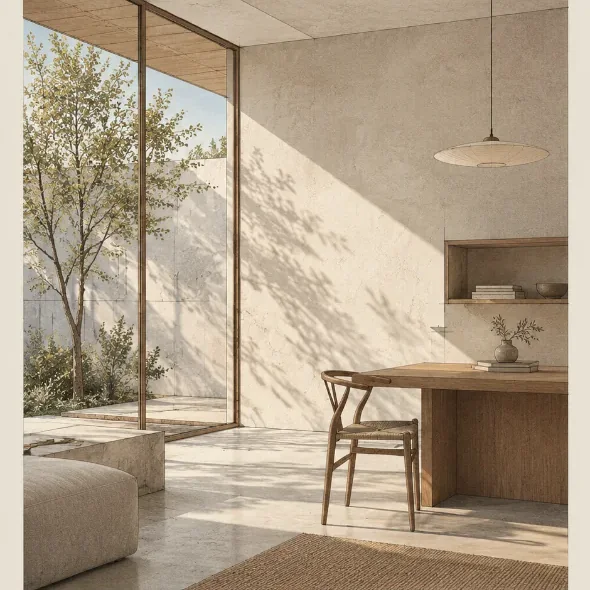 Sunlight and leaf shadows falling across a lime-plaster wall beside a timber desk, a woven chair and a full-height glass wall.