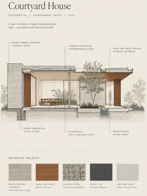 A presentation board for a fictional courtyard house: a section drawing above a palette of board-formed concrete, oiled timber, natural stone, dark tile and glass.